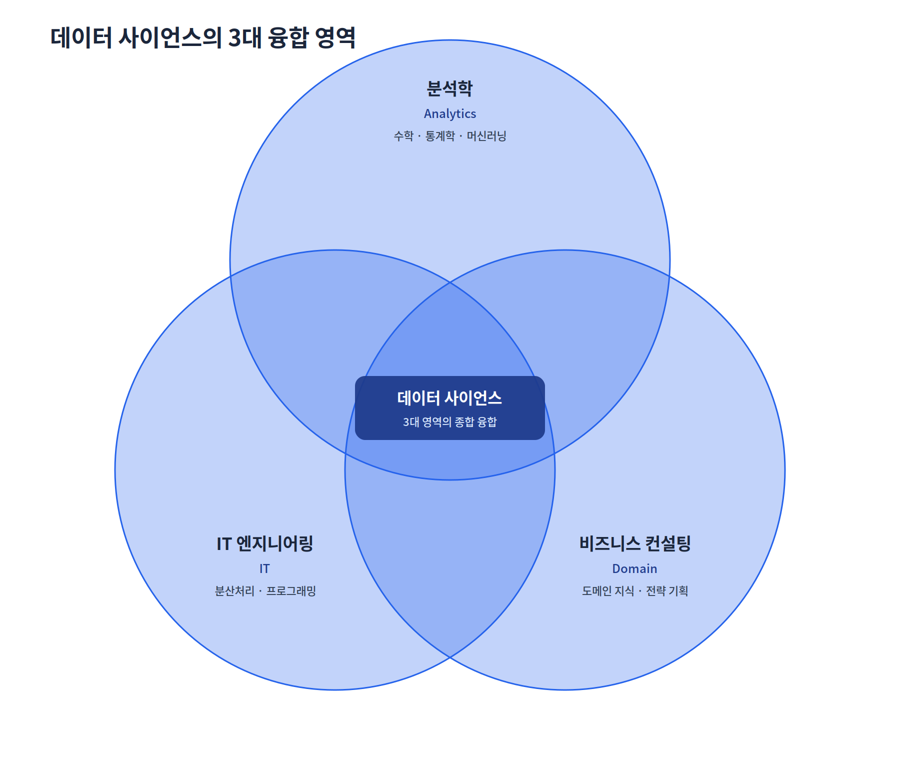 데이터 사이언스의 3대 융합 영역(분석학·IT 엔지니어링·비즈니스 컨설팅) 벤다이어그램